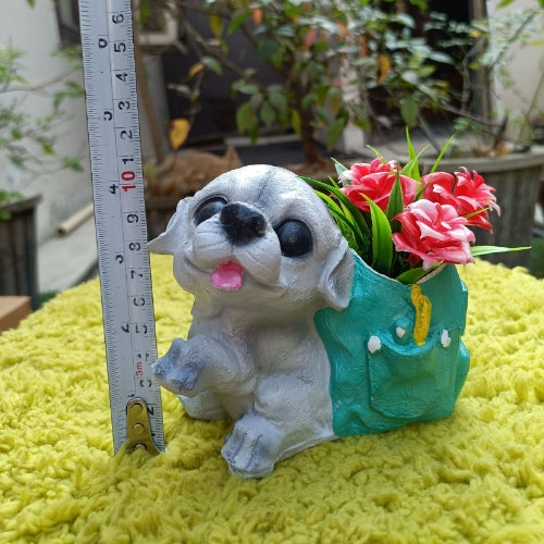 Dog with green bag planter