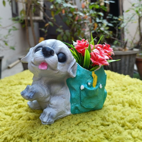 Dog with green bag planter