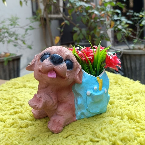 Dog with blue bag planter