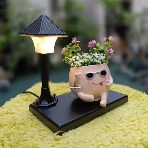Electric lamp with smiley planter on wooden base