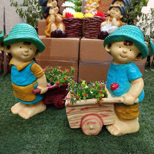 Set of 2 girl boy pushing cart big planter