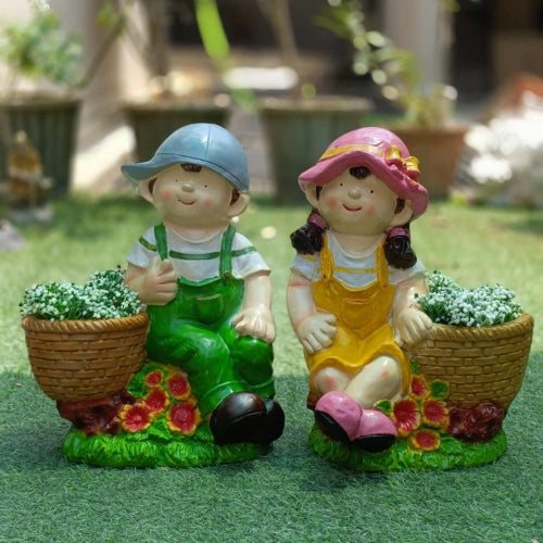 Set of 2 girl boy with pot big planter